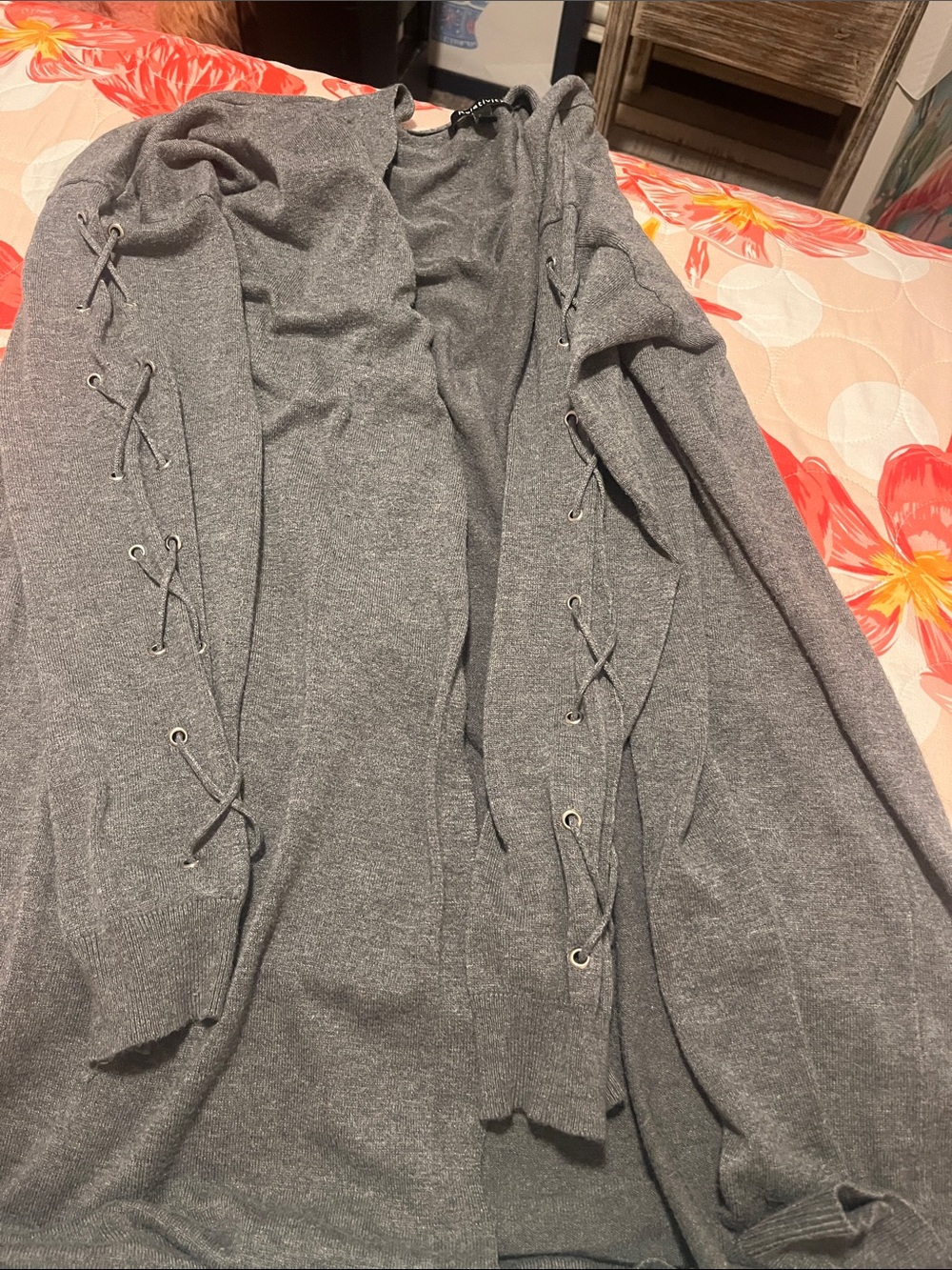 Relativity Gray Open Front Lace-Up Sleeve Cardigan